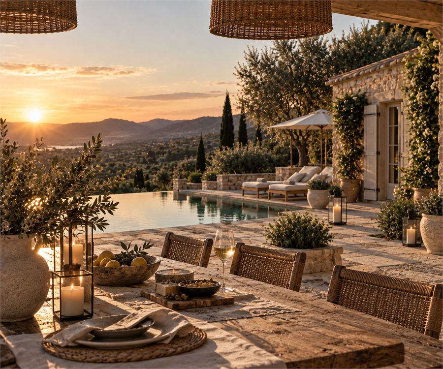 Terrasse mit Pool und Blick ins Tal bei Sonnenuntergang